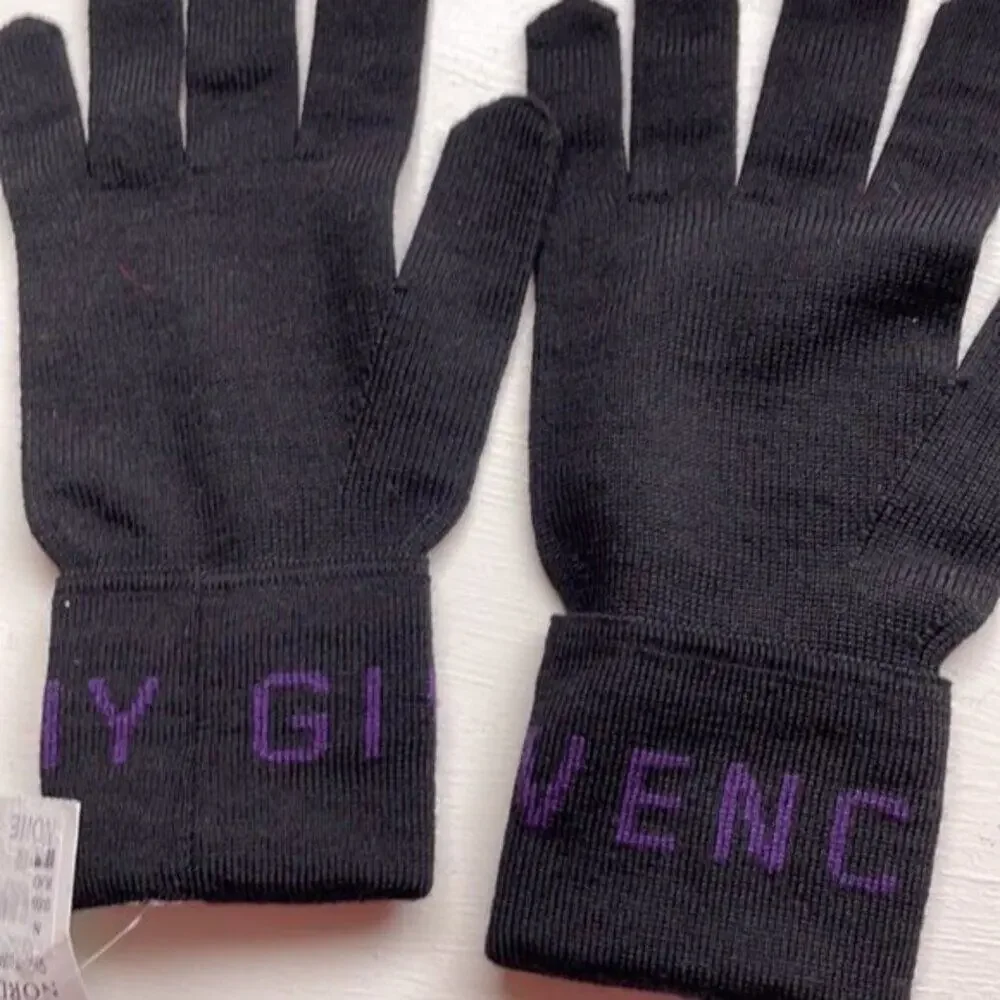 Givenchy Logo Cuff Wool Gloves black and purple
